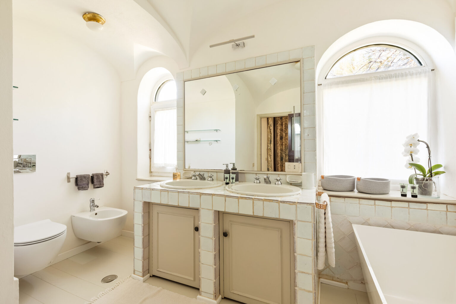 Modern bathroom interior featuring a spacious vanity with a large mirror, elegant fixtures, a freestanding bathtub, and natural light streaming through arched windows, complemented by minimalist decor and green plants. | Only on SopranoVillas