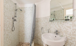 Modern bathroom design featuring a walk-in shower with a sleek glass divider, a round vanity sink, and a large mirror. The walls are adorned with stylish mosaic tiles in neutral tones, creating a clean and contemporary aesthetic.