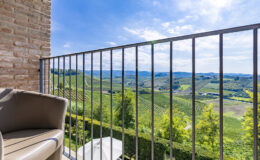 Scenic view from a balcony overlooking lush green vineyards and rolling hills under a clear blue sky.