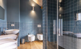 Modern bathroom featuring blue tiled walls, a glass shower enclosure, a bidet, and a stylish sink with neatly arranged towels, showcasing a blend of functionality and contemporary design.