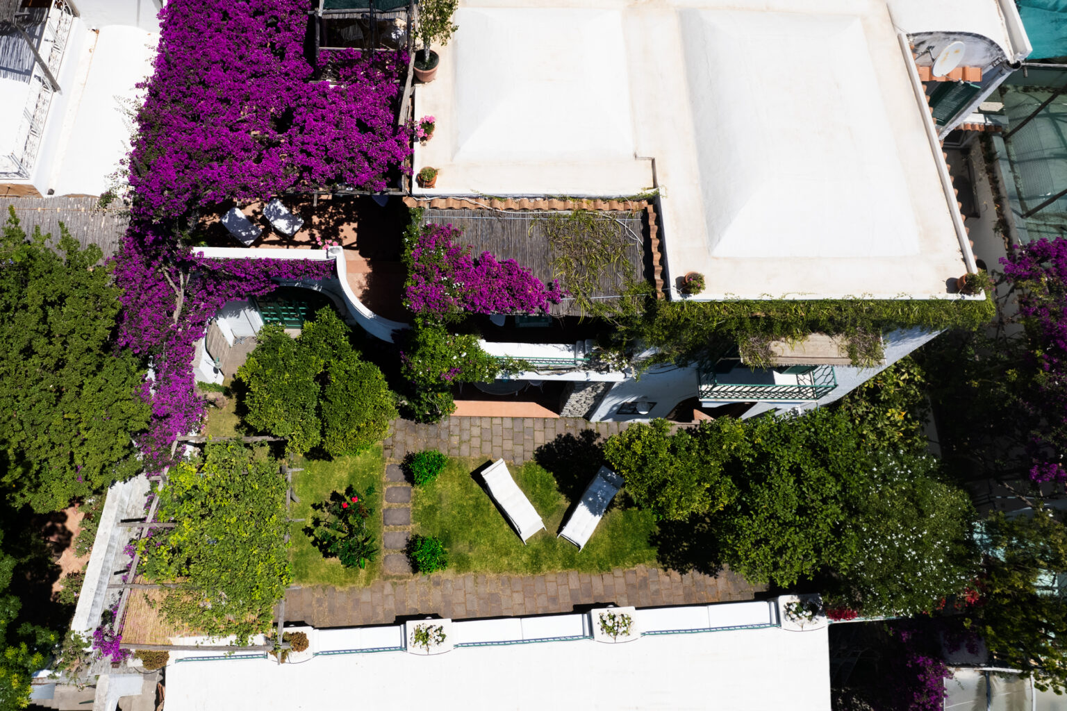 Aerial view of a lush garden featuring vibrant bougainvillea and well-maintained greenery, with two lounge chairs on a manicured lawn, surrounded by modern architecture. Perfect for outdoor relaxation and landscaping inspiration. | Only on SopranoVillas