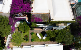 Aerial view of a lush garden featuring vibrant bougainvillea and well-maintained greenery, with two lounge chairs on a manicured lawn, surrounded by modern architecture. Perfect for outdoor relaxation and landscaping inspiration.