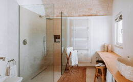 Modern bathroom featuring a glass shower enclosure, wooden countertop, and stylish decor. The spacious design includes a towel rack, a stool, and natural light from a window, creating a serene atmosphere.