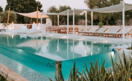 Luxury outdoor swimming pool with modern design, surrounded by lounge chairs and shaded areas, set in a serene garden environment. Ideal for relaxation and leisure activities.