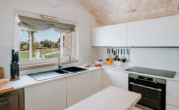 Modern kitchen with white cabinets, a large window overlooking a garden, and sleek appliances including a sink, stovetop, and oven.