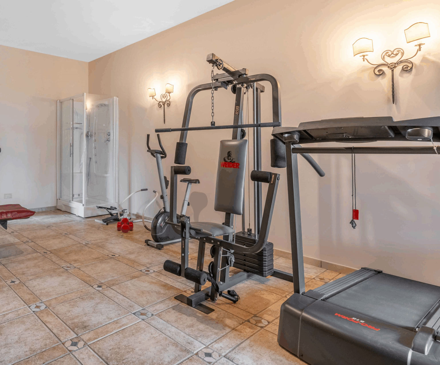Home gym setup featuring a treadmill, multi-station weight machine, and exercise bike, with a glass shower in the background and a tiled floor. Ideal for fitness enthusiasts looking to work out at home. | Only on SopranoVillas