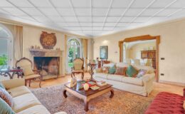 Spacious and elegantly designed living room featuring a cozy fireplace, plush sofas with decorative cushions, and a wooden coffee table adorned with books and decor. The room has large windows that provide natural light and a view of the garden, complemented by a beautiful area rug and classic furniture.