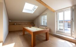 Bright and spacious attic game room featuring a wooden billiards table, large skylight, and access to a balcony through double doors, ideal for relaxation and entertainment.