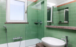 Modern bathroom featuring green tiled walls, a glass shower enclosure, a sleek white sink, and a bathtub. Natural light enters through a window, enhancing the contemporary design.
