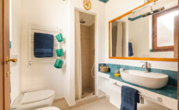 Modern bathroom featuring a walk-in shower, a stylish oval sink, and a large mirror. The space includes a towel warmer with blue towels, green hanging storage baskets, and a wooden window, creating a bright and inviting atmosphere.