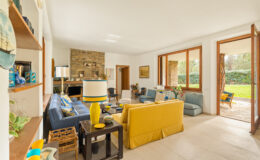 Bright and inviting living room featuring a yellow sofa, blue armchairs, and a stone fireplace. Natural light floods the space through large windows, highlighting decorative elements like plants, artwork, and colorful tableware. A seamless connection to the outdoor area enhances the open and airy atmosphere.
