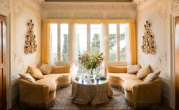 Elegant living room featuring two curved, yellow velvet sofas adorned with decorative pillows, a round glass-top table draped with a floral tablecloth, and a vibrant bouquet of flowers. Natural light streams through large windows, highlighting ornate wall decorations and a vintage wall sconce. The space exudes a warm and inviting atmosphere.