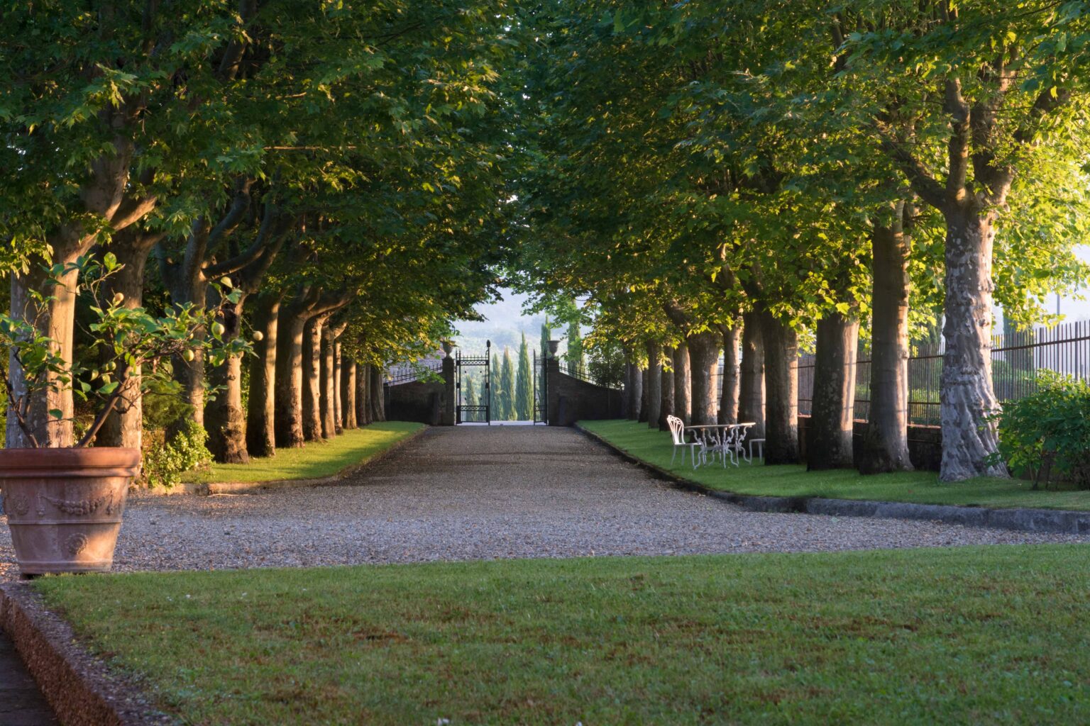 A picturesque tree-lined pathway leading to a decorative gate, surrounded by manicured lawns and a small seating area, creating a serene garden atmosphere. | Only on SopranoVillas