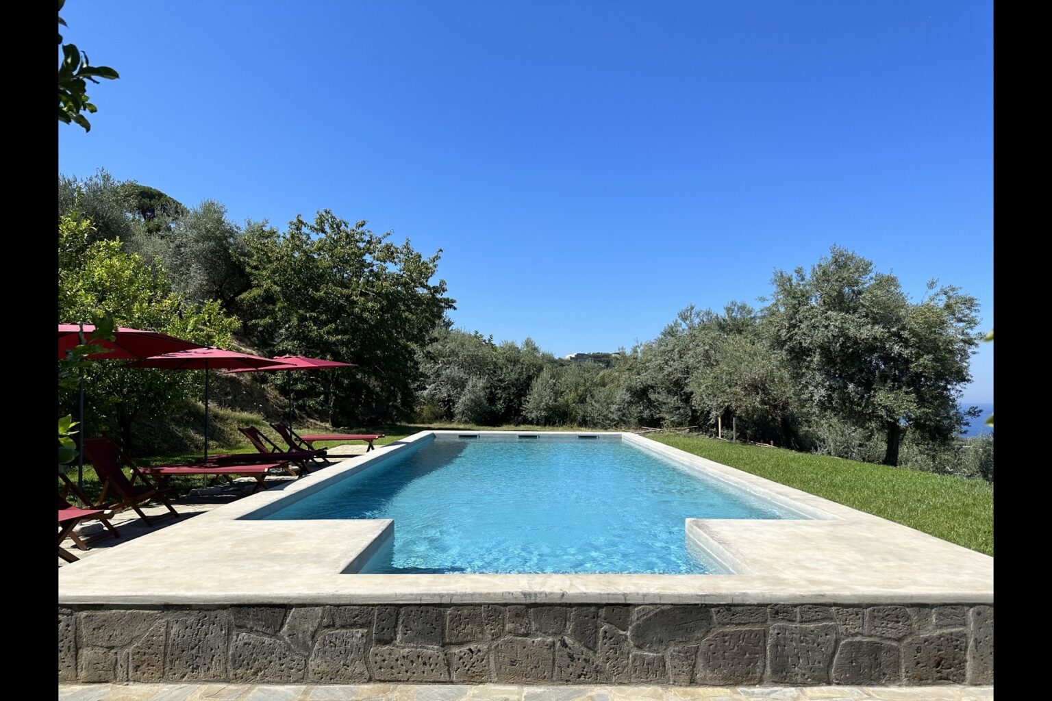 Serene outdoor swimming pool surrounded by lush greenery and olive trees under a clear blue sky, featuring comfortable lounge chairs and umbrellas for relaxation. | Only on SopranoVillas