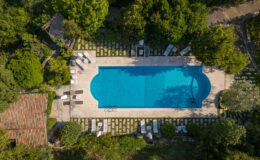 Aerial view of a serene outdoor swimming pool surrounded by lush greenery, stone pathways, and comfortable lounge chairs, ideal for relaxation and leisure in a tranquil garden setting.