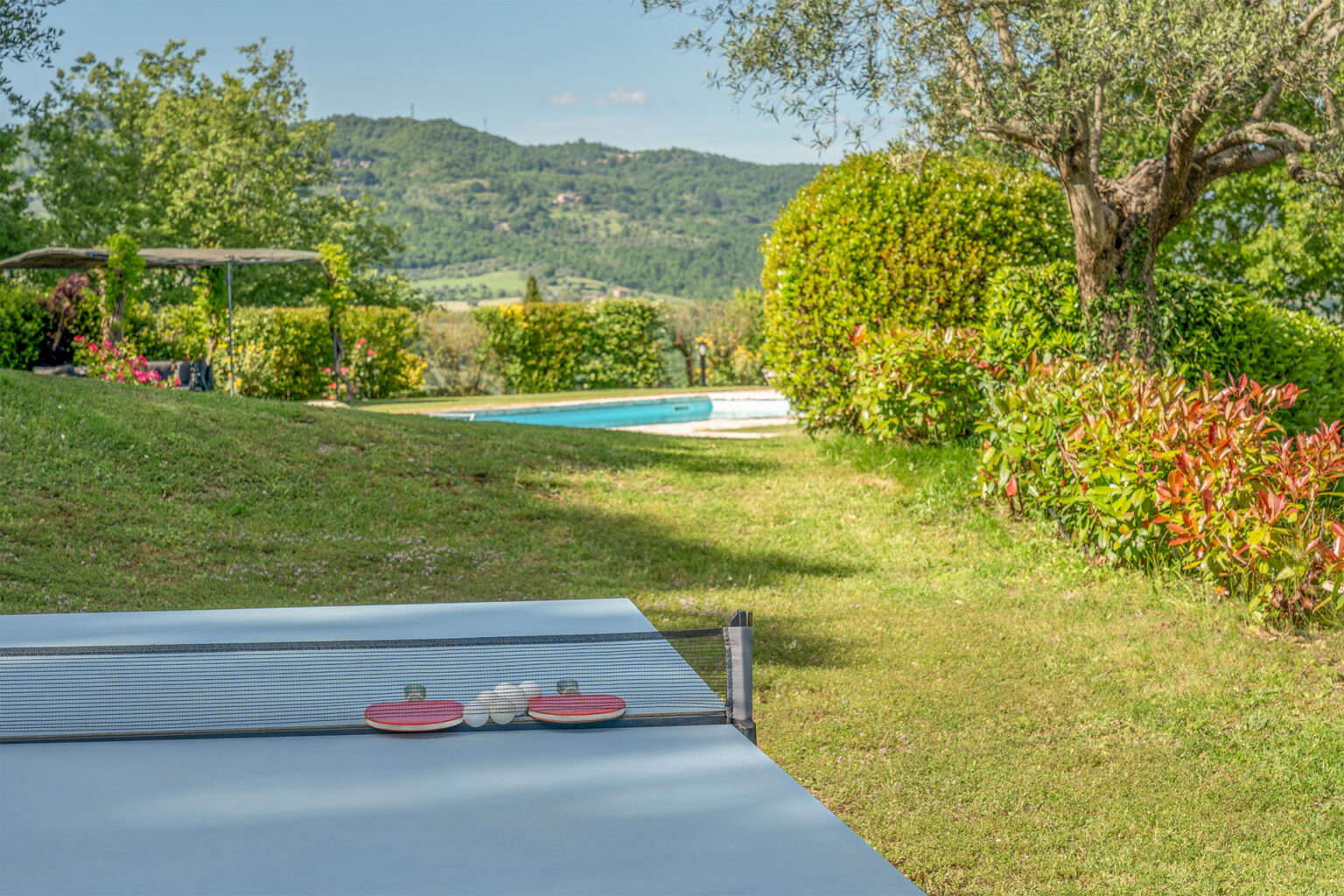 Scenic view of a landscaped garden with a ping pong table in the foreground, a swimming pool in the background, and rolling hills under a clear blue sky. | Only on SopranoVillas