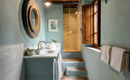 Modern bathroom interior featuring a stylish wooden mirror, a marble sink with decorative plants, and a glass shower. The walls are painted in a soft blue, complemented by warm wooden accents and terracotta flooring, creating a cozy and inviting atmosphere.