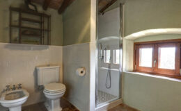 Modern bathroom featuring a white toilet and bidet, a glass shower enclosure, and a rustic wooden shelf. Natural light streams in through a window, highlighting the elegant tile work and earthy color palette. Ideal for showcasing contemporary home design.