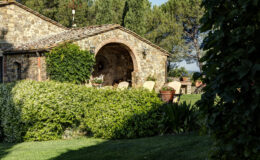 Rustic stone cottage surrounded by lush greenery and flowering shrubs, featuring a cozy patio with chairs and potted plants, set against a backdrop of tall trees in a serene landscape.