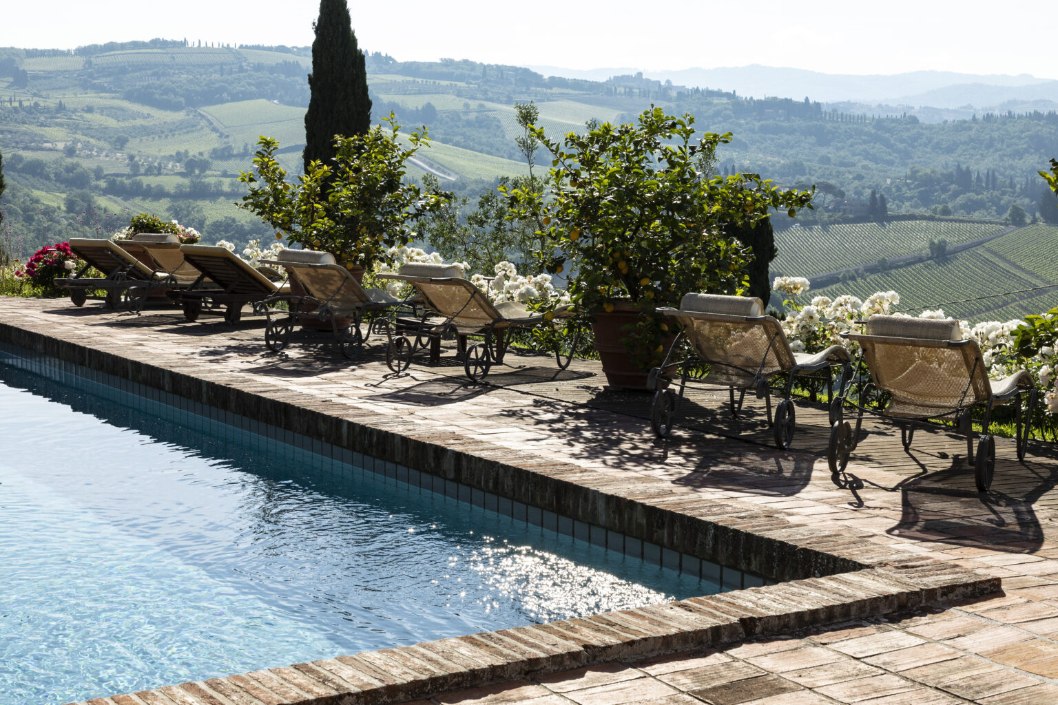 Luxurious outdoor pool area with lounge chairs overlooking rolling green vineyards and hills, surrounded by vibrant flowers and citrus trees, perfect for relaxation in a scenic landscape. | Only on SopranoVillas