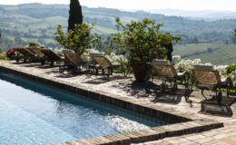 Luxurious outdoor pool area with lounge chairs overlooking rolling green vineyards and hills, surrounded by vibrant flowers and citrus trees, perfect for relaxation in a scenic landscape.