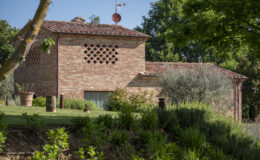 Rustic brick house surrounded by greenery, featuring a unique patterned wall, satellite dish, and well-maintained garden in a serene outdoor setting.