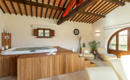 Luxurious spa interior featuring a wooden hot tub, comfortable seating, and rustic wooden beams, creating a relaxing atmosphere for wellness and relaxation.