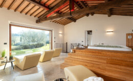 Spacious modern living area with wooden beams, large windows, and a hot tub, featuring minimalist furniture and scenic garden views.