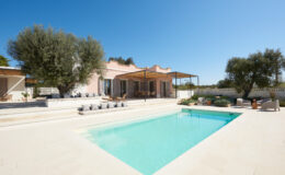 Modern villa with a swimming pool, surrounded by olive trees and outdoor seating, under a clear blue sky. Ideal for relaxation and outdoor living.