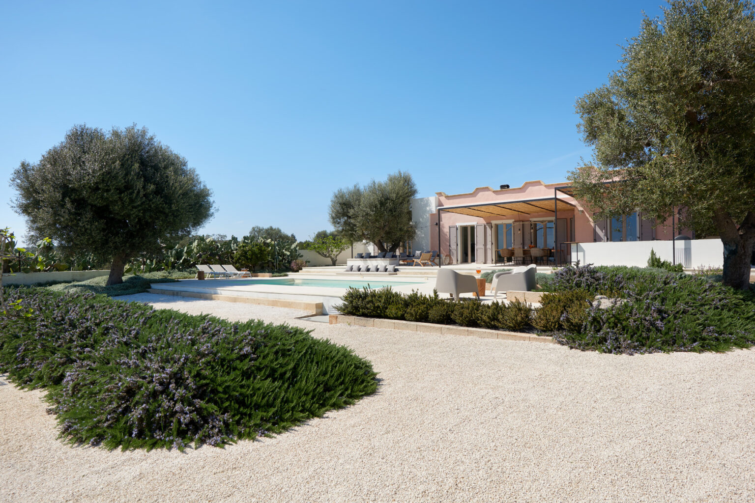 Modern villa with a spacious outdoor area featuring a swimming pool, lounge chairs, and lush landscaping, including olive trees and flowering shrubs, under a clear blue sky. | Only on SopranoVillas