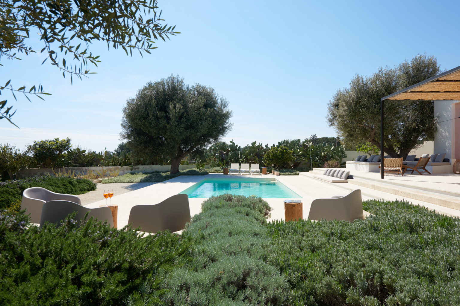 Modern outdoor pool surrounded by lush greenery and olive trees, featuring stylish seating and a relaxing atmosphere, perfect for leisure and entertainment. | Only on SopranoVillas