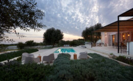 Modern villa with a pool surrounded by lush greenery and olive trees at dusk, showcasing a serene outdoor living space.