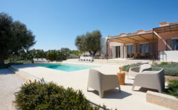 Modern villa with a swimming pool, surrounded by greenery and outdoor seating, set against a clear blue sky. Ideal for relaxation and leisure.