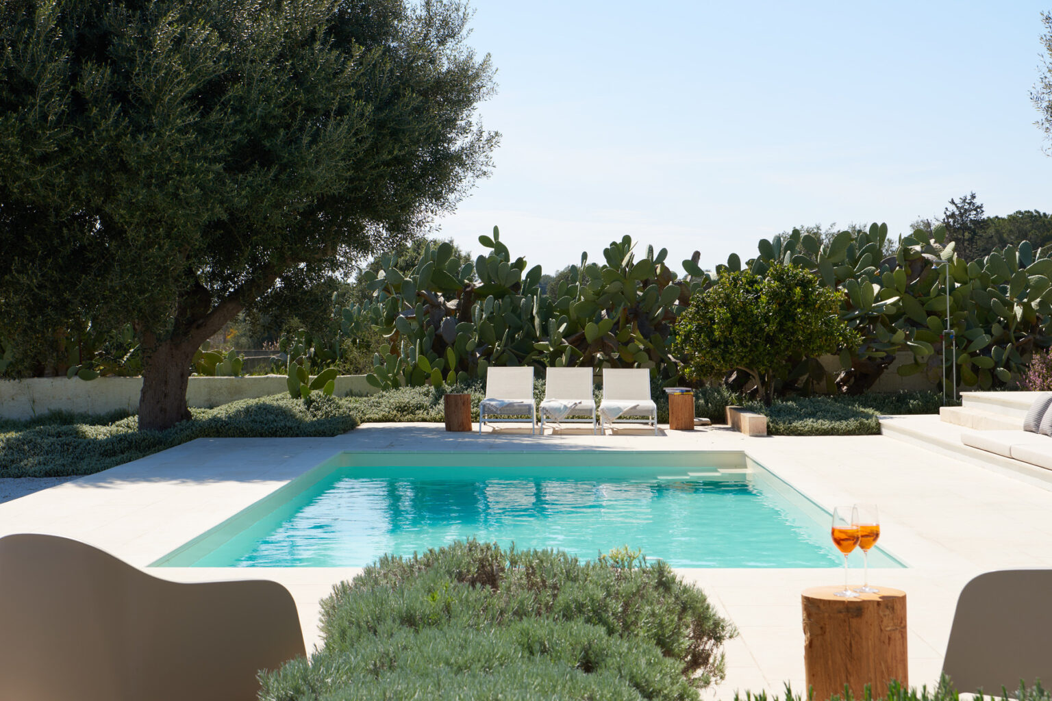 Modern outdoor pool surrounded by lush greenery and comfortable lounge chairs, perfect for relaxation in a sunny setting. | Only on SopranoVillas
