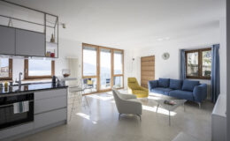 Modern living room with large windows, featuring a blue sofa, yellow accent chair, and minimalist kitchen with sleek cabinetry and appliances. Bright, airy space with natural light and a scenic view.