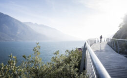 Scenic view of a wooden walkway along a serene lake, surrounded by mountains and greenery, with a person walking towards the horizon under a bright sky.