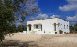 White Mediterranean-style house surrounded by olive trees under a blue sky with fluffy clouds, featuring arched windows and a spacious front porch. Ideal for showcasing rural architecture and serene landscapes.