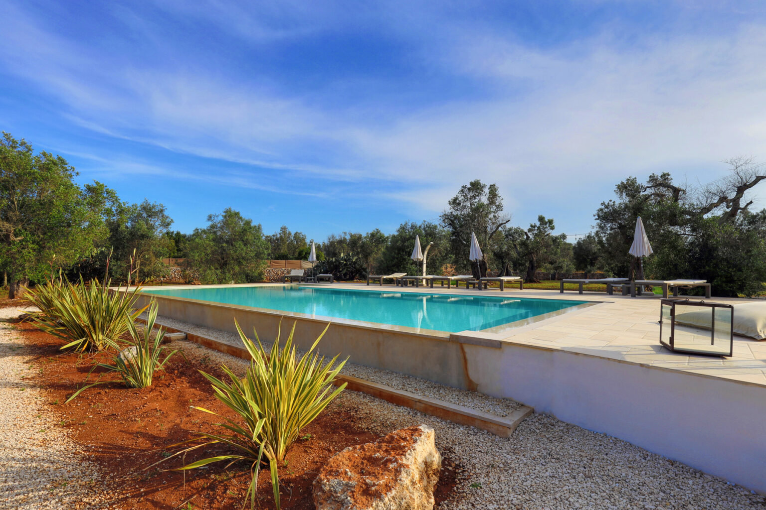 Inviting outdoor swimming pool surrounded by lush greenery and olive trees, featuring sun loungers and umbrellas under a clear blue sky. Ideal for relaxation and leisure. | Only on SopranoVillas