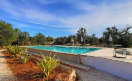 Inviting outdoor swimming pool surrounded by lush greenery and olive trees, featuring sun loungers and umbrellas under a clear blue sky. Ideal for relaxation and leisure.