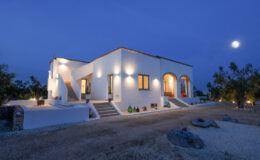 Modern white villa illuminated at night, featuring a spacious entrance and landscaped surroundings, set against a clear blue sky with a full moon.