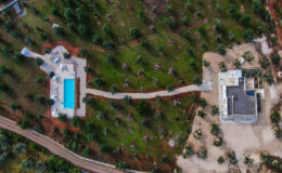 Aerial view of a modern property featuring a swimming pool surrounded by landscaped gardens and olive trees, with a winding pathway leading to a contemporary house.