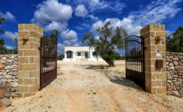 Rustic entrance gate leading to a charming white house surrounded by olive trees under a blue sky with fluffy clouds, set in a serene landscape.