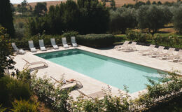 Aerial view of a serene outdoor swimming pool surrounded by lush greenery and lounge chairs, ideal for relaxation and leisure in a tranquil setting.