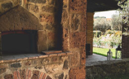 Stone outdoor fireplace with brick arch and rustic design, set in a garden featuring greenery and a patio area. Ideal for outdoor cooking and entertaining.