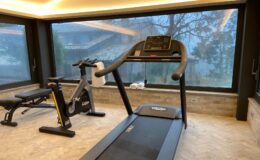 Home gym with a treadmill and stationary bike, featuring large windows for natural light and a modern design.