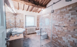 Modern bathroom interior featuring wooden beams, stone walls, a glass shower enclosure, a white toilet, and a stylish sink area, designed for functionality and aesthetic appeal.