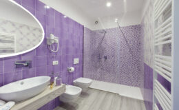 Modern bathroom design featuring purple tiled walls, a spacious walk-in shower, a sleek oval mirror, and contemporary fixtures. The room includes a stylish sink and bidet, complemented by warm wood accents and efficient lighting.