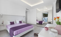 Modern hotel room featuring a purple bedspread, minimalist decor, and large windows with a scenic view. The room includes a mirrored wardrobe, a flat-screen TV, and a stylish bedside table with flowers.