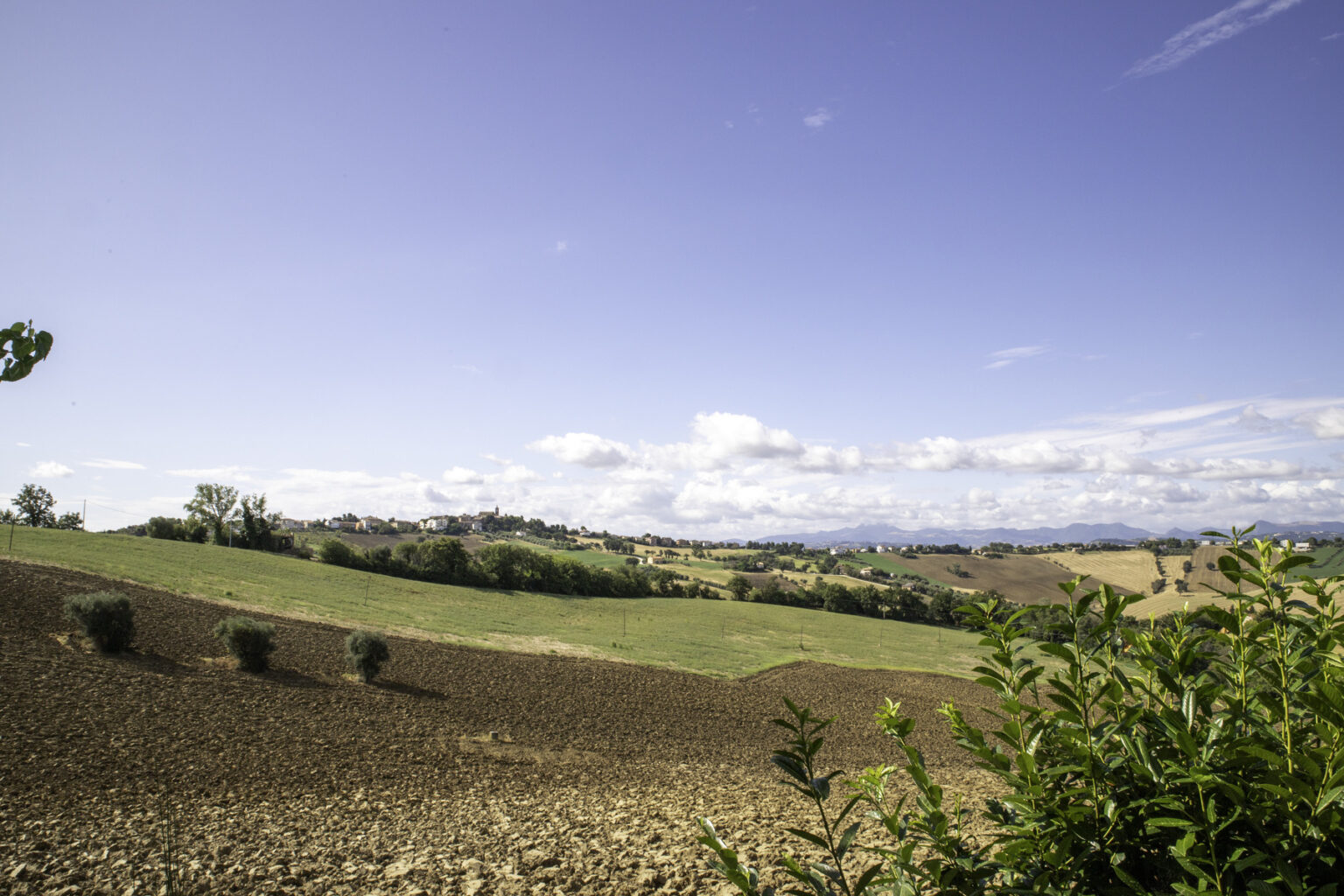 Scenic view of rolling hills and farmland under a clear blue sky, showcasing a picturesque village in the distance surrounded by lush greenery and plowed fields. Ideal for nature enthusiasts and landscape photography. | Only on SopranoVillas