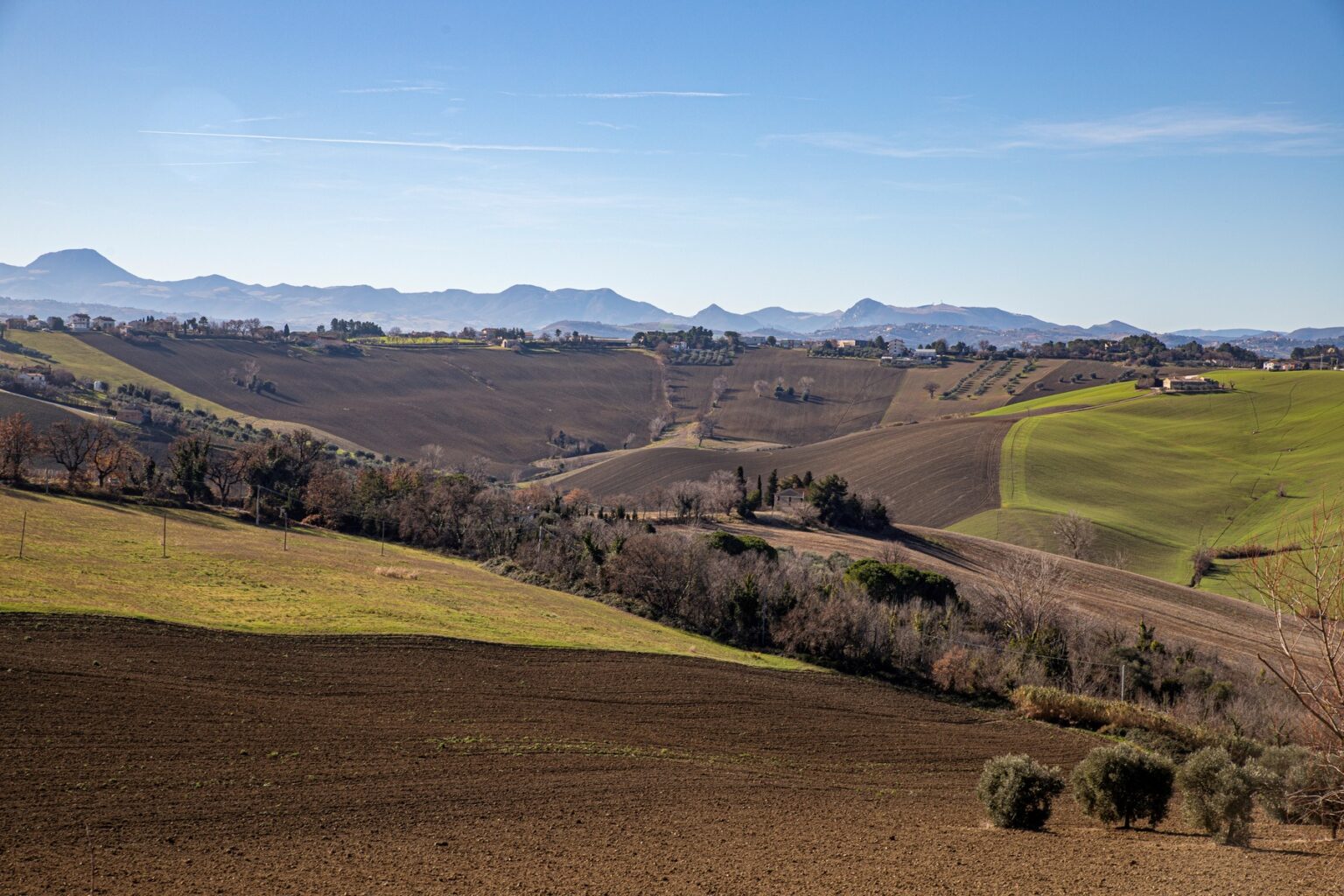 Scenic view of rolling hills and farmland under a clear blue sky, showcasing lush green fields and brown earth tones, with distant mountains in the background. Ideal for illustrating rural landscapes and agricultural beauty. | Only on SopranoVillas